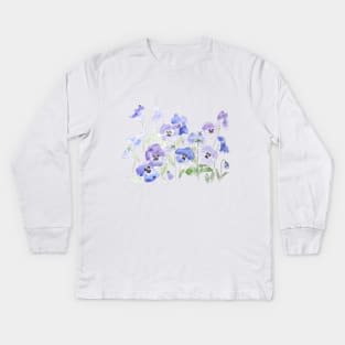 blue and purple pansy ink and watercolor Kids Long Sleeve T-Shirt